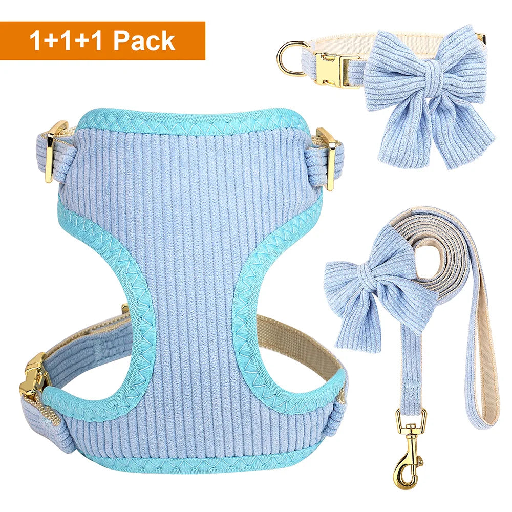 3pcs/set Dog Collar Harness and Leash Cute Bowknot Dogs Buckle Collars Pet Vest Harness Lead Leash Small Medium Dogs Pink Bowtie