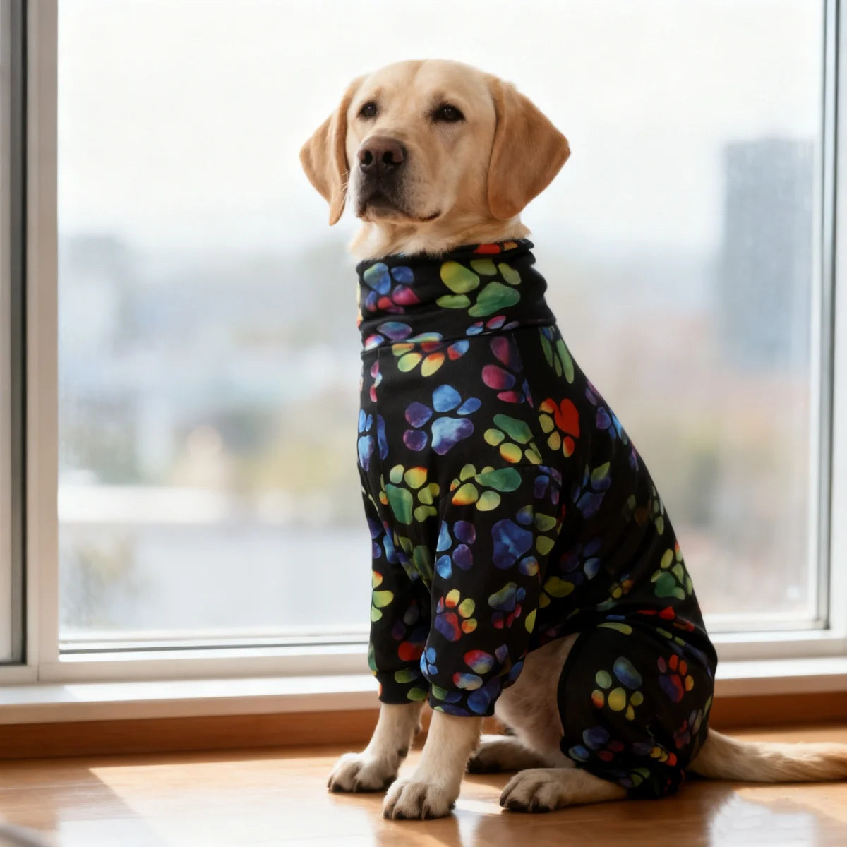 1pc black paw print four-legged pajama, home dress and pet clothing for a dog