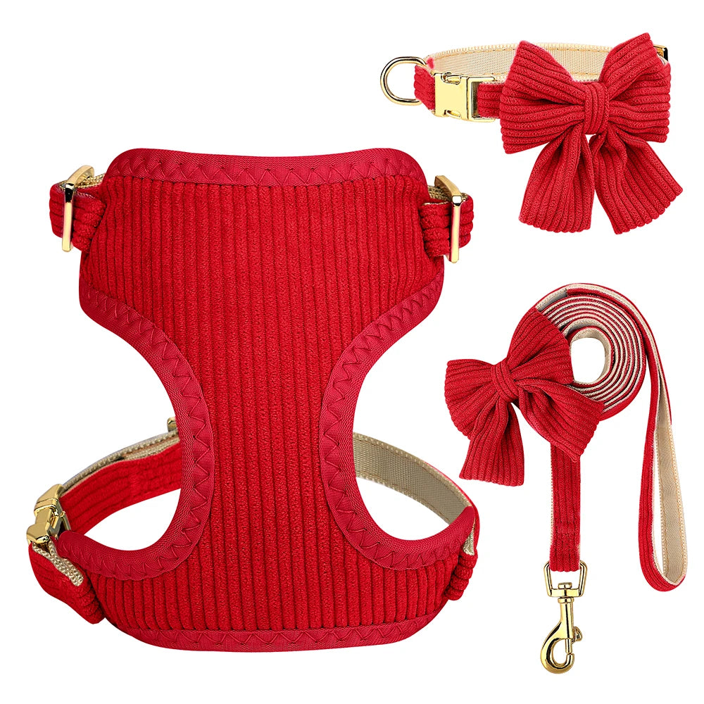 3pcs/set Dog Collar Harness and Leash Cute Bowknot Dogs Buckle Collars Pet Vest Harness Lead Leash Small Medium Dogs Pink Bowtie