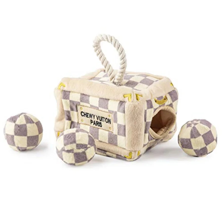 Checker Chewy Vuiton Trunk Activity House Plush Designer Dog Toys with Interactive Squeaker Stimulating Pet Enrichment Machine-