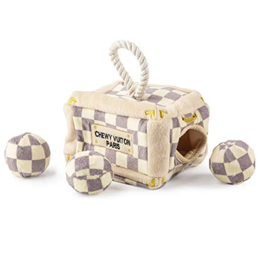 Checker Chewy Vuiton Trunk Activity House Plush Designer Dog Toys with Interactive Squeaker Stimulating Pet Enrichment Machine-