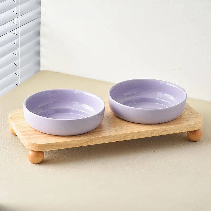 2in1 Ceramic Elevated Cat Dog Bowl with Stand Dual Food Water Feeder Dish For Neck Health Pet Non-Slip Eaasy Clean Double Bowls