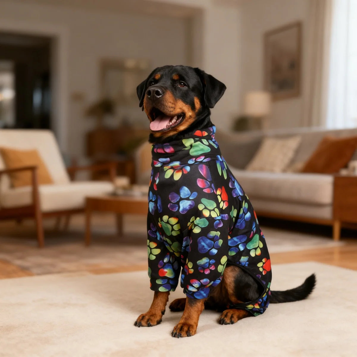 1pc black paw print four-legged pajama, home dress and pet clothing for a dog