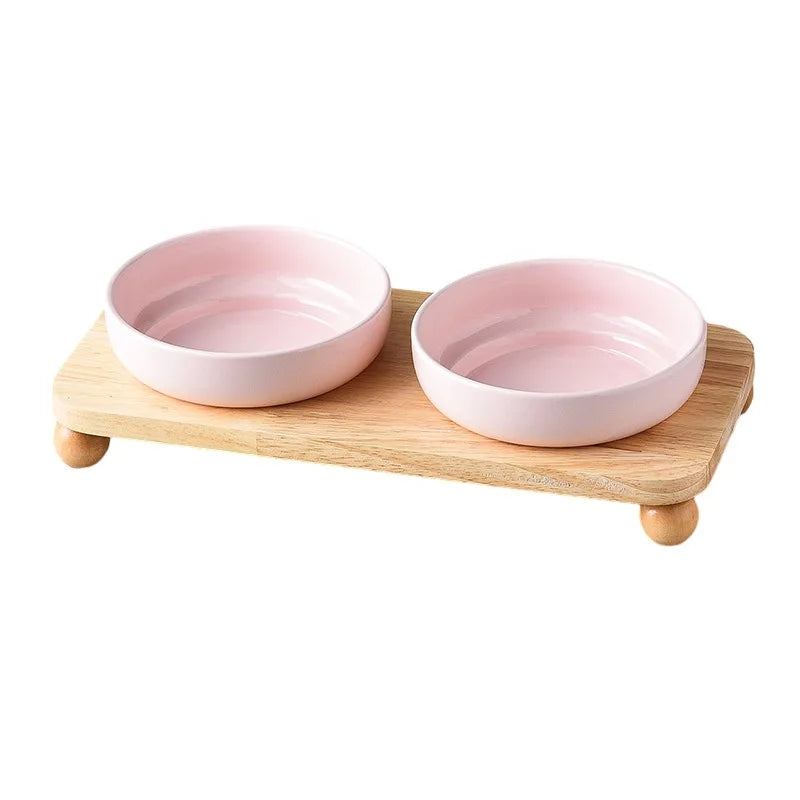 2in1 Ceramic Elevated Cat Dog Bowl with Stand Dual Food Water Feeder Dish For Neck Health Pet Non-Slip Eaasy Clean Double Bowls