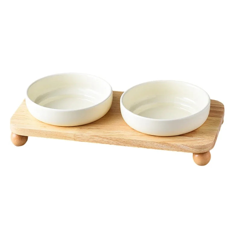 2in1 Ceramic Elevated Cat Dog Bowl with Stand Dual Food Water Feeder Dish For Neck Health Pet Non-Slip Eaasy Clean Double Bowls