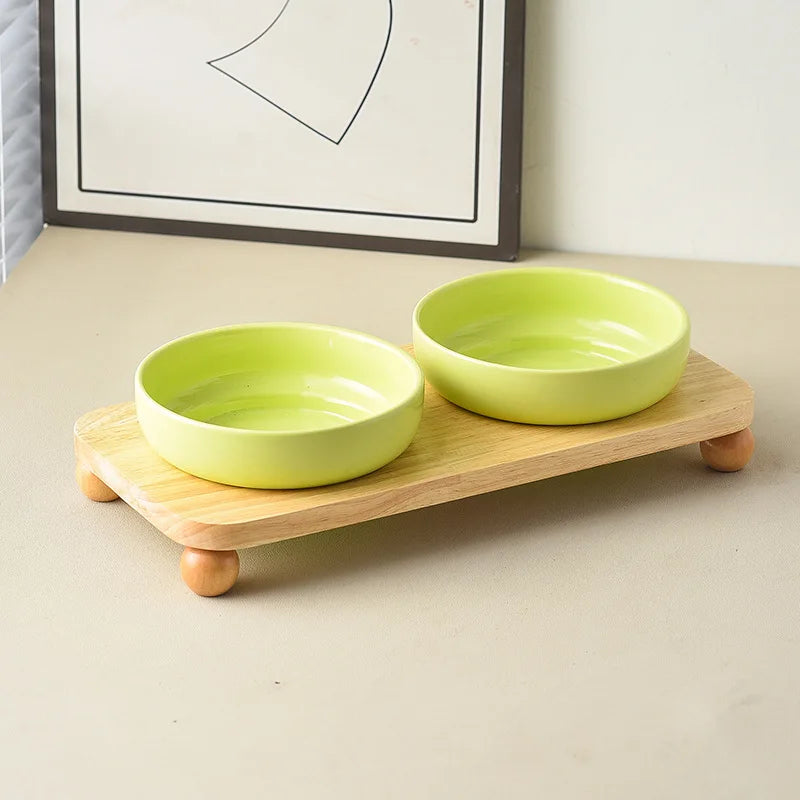 2in1 Ceramic Elevated Cat Dog Bowl with Stand Dual Food Water Feeder Dish For Neck Health Pet Non-Slip Eaasy Clean Double Bowls