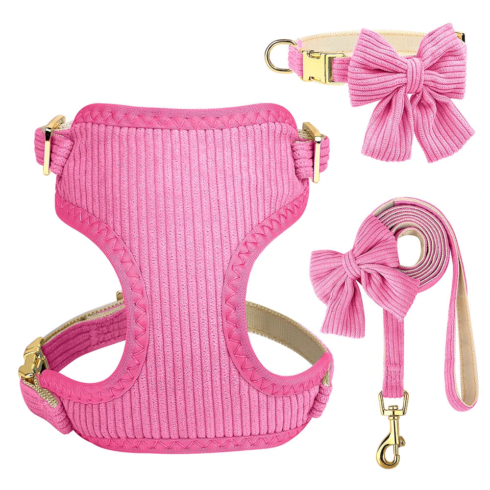 3pcs/set Dog Collar Harness and Leash Cute Bowknot Dogs Buckle Collars Pet Vest Harness Lead Leash Small Medium Dogs Pink Bowtie
