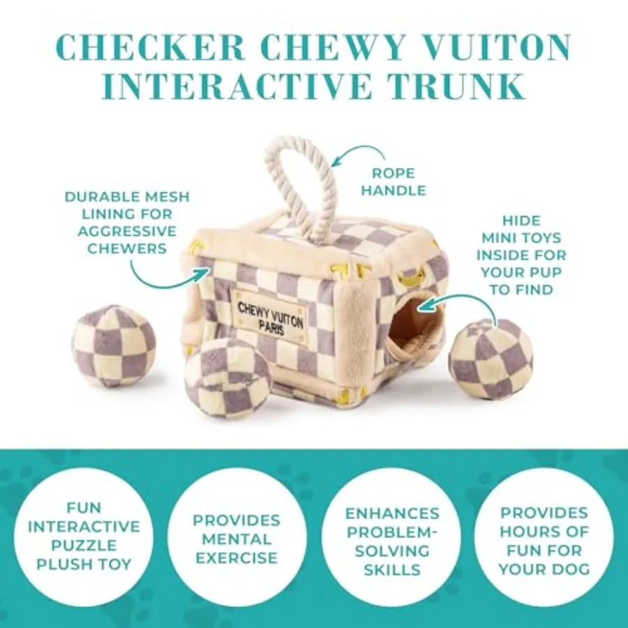 Checker Chewy Vuiton Trunk Activity House Plush Designer Dog Toys with Interactive Squeaker Stimulating Pet Enrichment Machine-