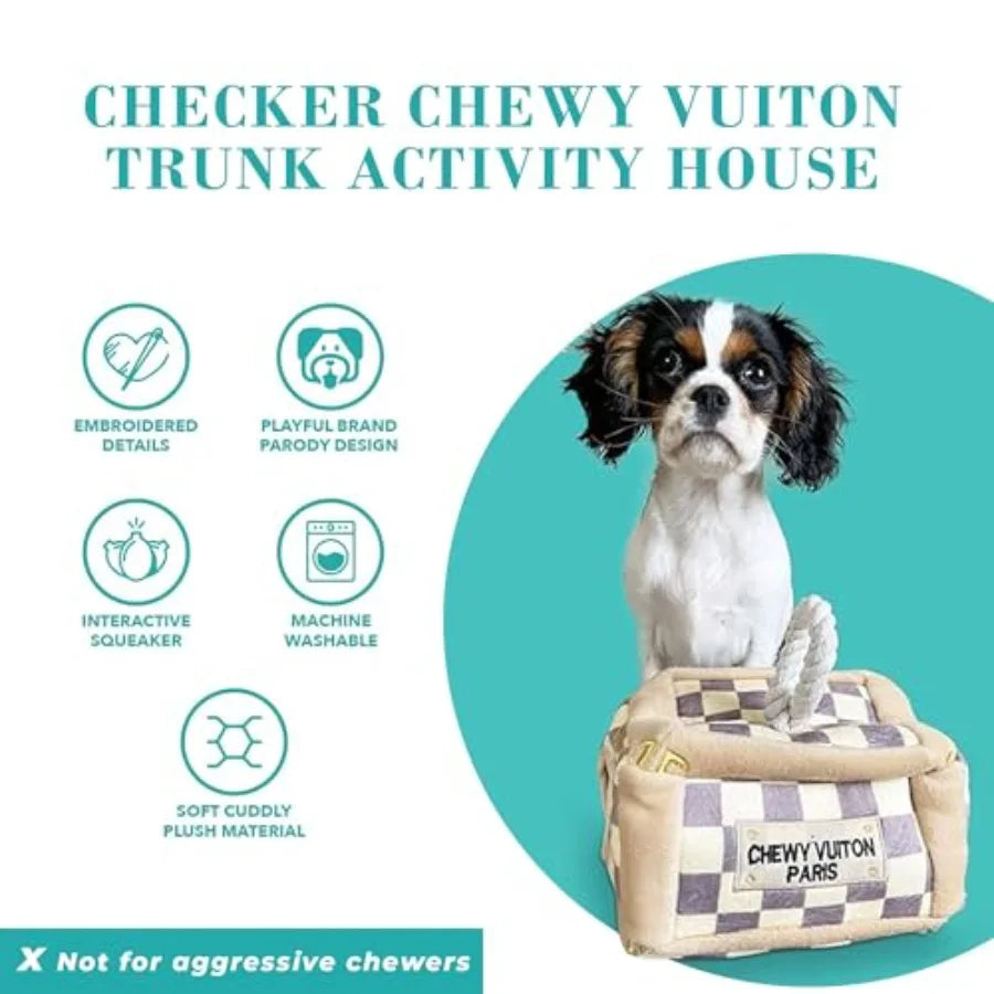 Checker Chewy Vuiton Trunk Activity House Plush Designer Dog Toys with Interactive Squeaker Stimulating Pet Enrichment Machine-