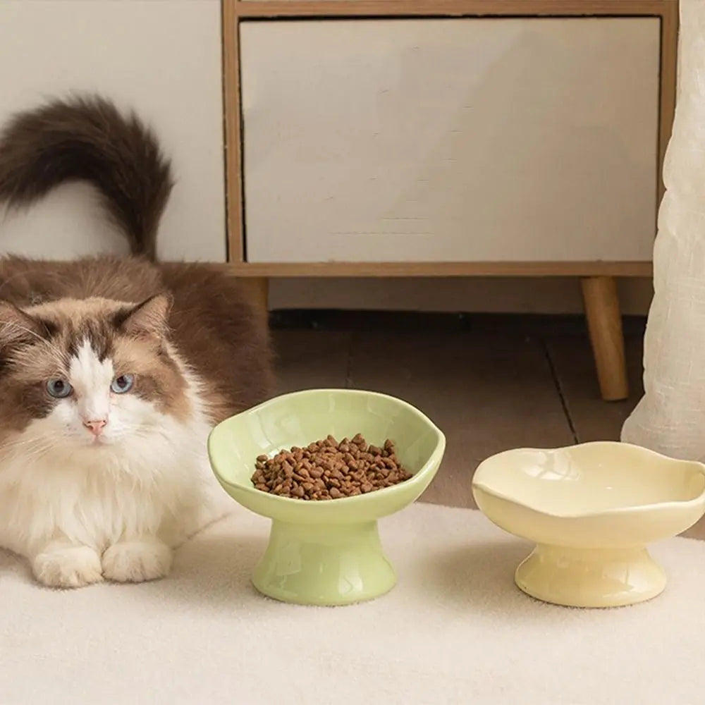 Non-slip Base Petal Ceramic Cat Bowl High Foot Tilted Angle Elevated Cat Bowl Ergonomic Anti-Tip Cat Bowl Pet Feeding Drinking