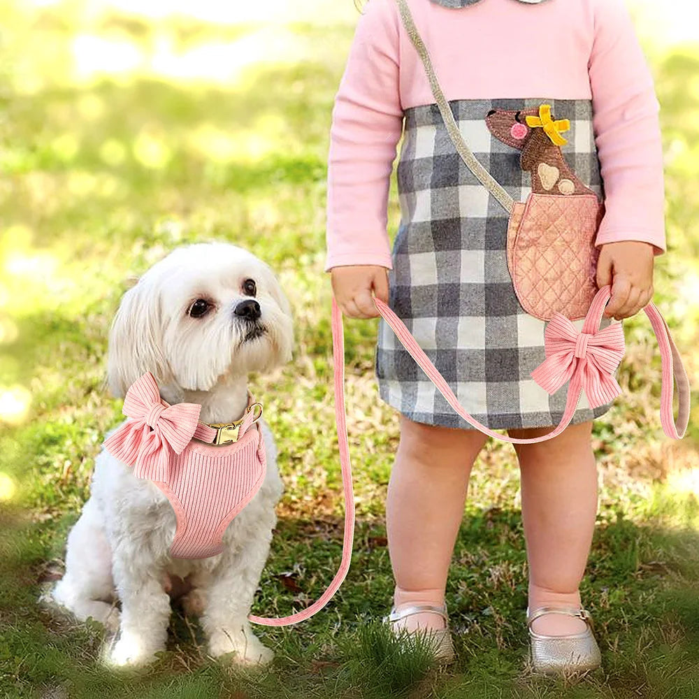 3pcs/set Dog Collar Harness and Leash Cute Bowknot Dogs Buckle Collars Pet Vest Harness Lead Leash Small Medium Dogs Pink Bowtie
