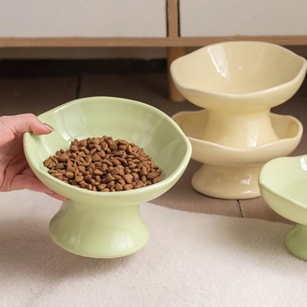 Non-slip Base Petal Ceramic Cat Bowl High Foot Tilted Angle Elevated Cat Bowl Ergonomic Anti-Tip Cat Bowl Pet Feeding Drinking