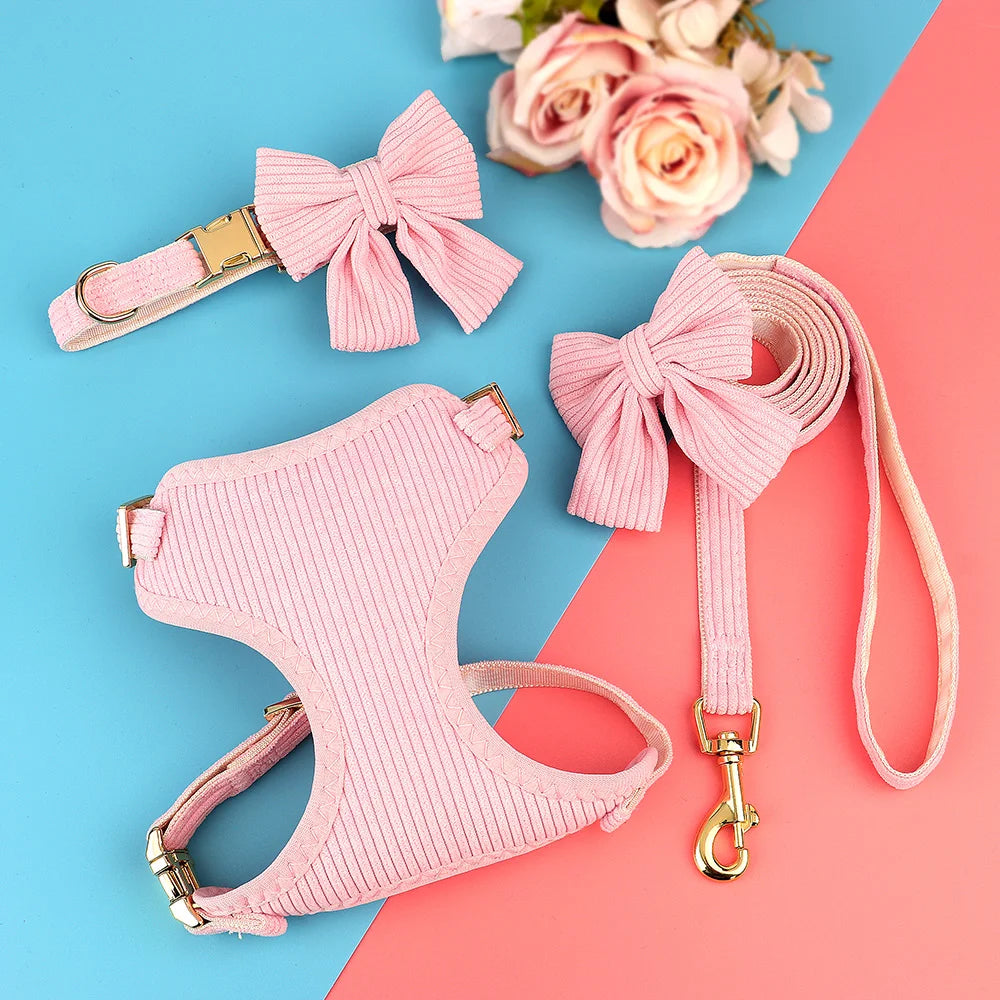 3pcs/set Dog Collar Harness and Leash Cute Bowknot Dogs Buckle Collars Pet Vest Harness Lead Leash Small Medium Dogs Pink Bowtie