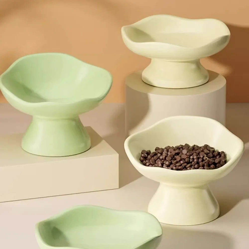 Non-slip Base Petal Ceramic Cat Bowl High Foot Tilted Angle Elevated Cat Bowl Ergonomic Anti-Tip Cat Bowl Pet Feeding Drinking