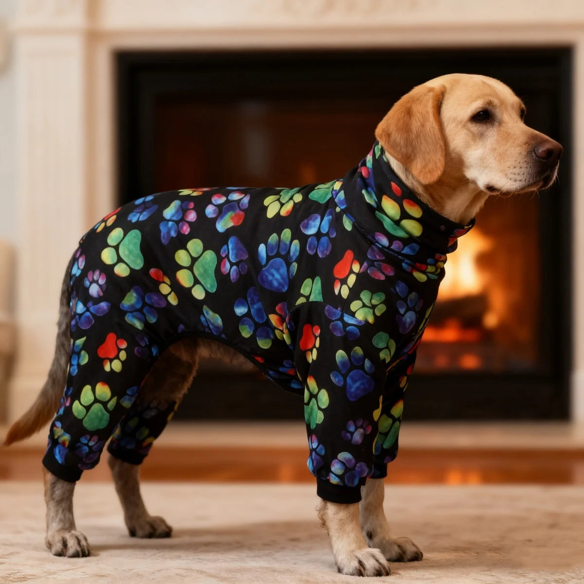 1pc black paw print four-legged pajama, home dress and pet clothing for a dog
