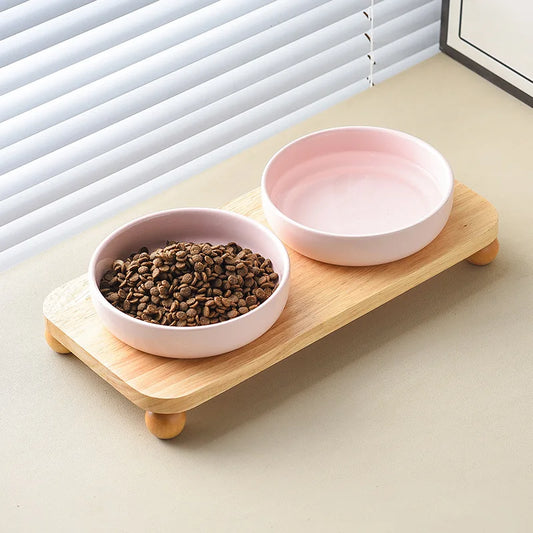 2in1 Ceramic Elevated Cat Dog Bowl with Stand Dual Food Water Feeder Dish For Neck Health Pet Non-Slip Eaasy Clean Double Bowls