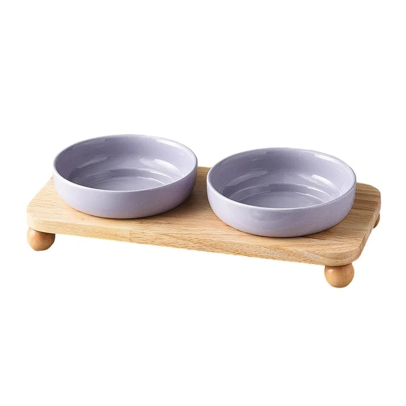 2in1 Ceramic Elevated Cat Dog Bowl with Stand Dual Food Water Feeder Dish For Neck Health Pet Non-Slip Eaasy Clean Double Bowls