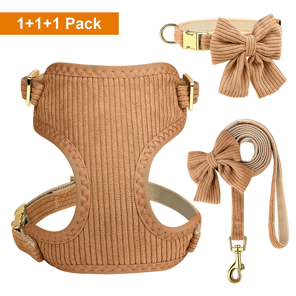 3pcs/set Dog Collar Harness and Leash Cute Bowknot Dogs Buckle Collars Pet Vest Harness Lead Leash Small Medium Dogs Pink Bowtie