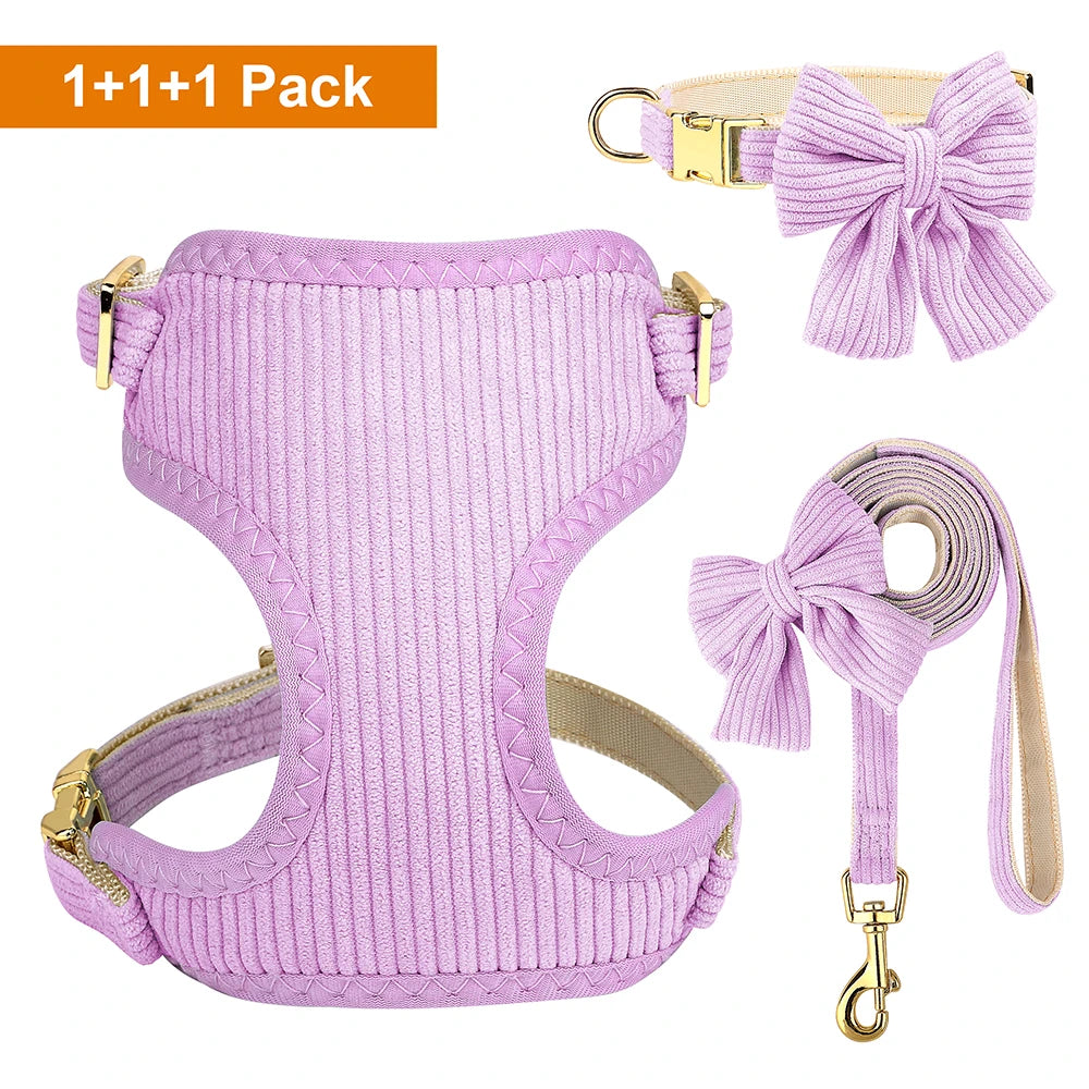 3pcs/set Dog Collar Harness and Leash Cute Bowknot Dogs Buckle Collars Pet Vest Harness Lead Leash Small Medium Dogs Pink Bowtie