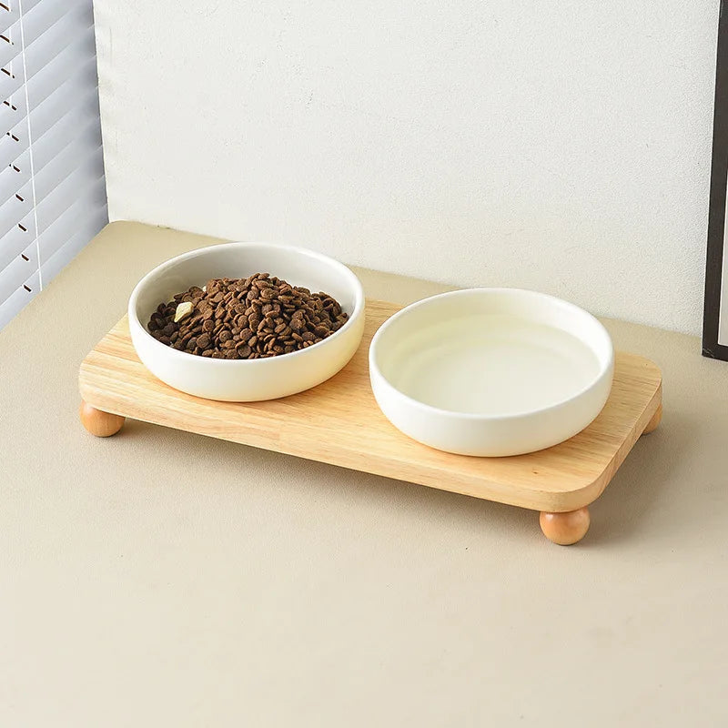 2in1 Ceramic Elevated Cat Dog Bowl with Stand Dual Food Water Feeder Dish For Neck Health Pet Non-Slip Eaasy Clean Double Bowls