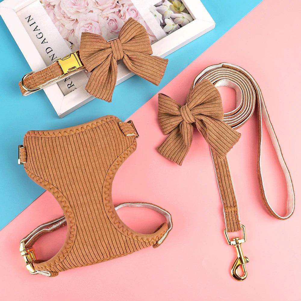3pcs/set Dog Collar Harness and Leash Cute Bowknot Dogs Buckle Collars Pet Vest Harness Lead Leash Small Medium Dogs Pink Bowtie