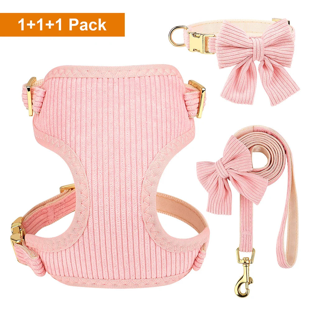 3pcs/set Dog Collar Harness and Leash Cute Bowknot Dogs Buckle Collars Pet Vest Harness Lead Leash Small Medium Dogs Pink Bowtie