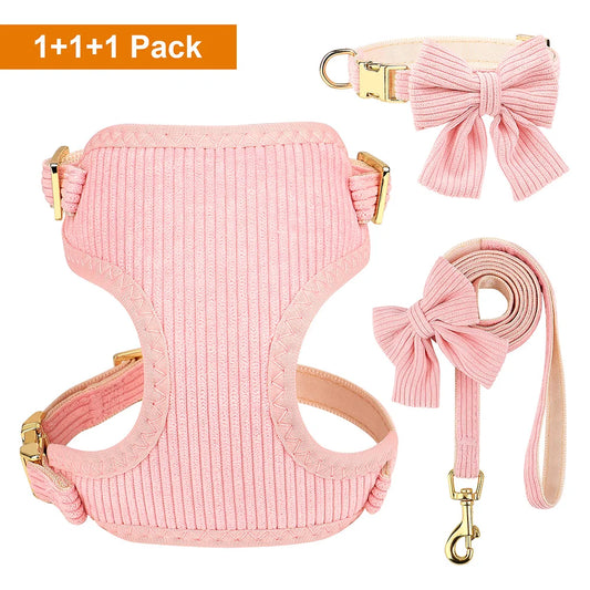 3pcs/set Dog Collar Harness and Leash Cute Bowknot Dogs Buckle Collars Pet Vest Harness Lead Leash Small Medium Dogs Pink Bowtie