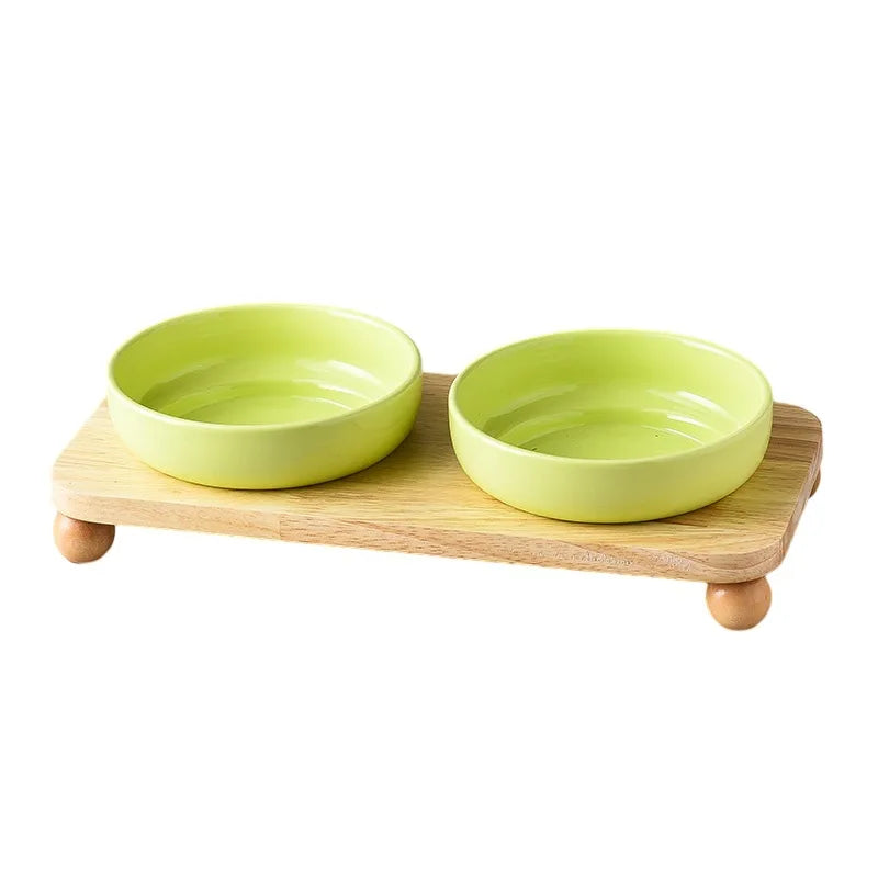 2in1 Ceramic Elevated Cat Dog Bowl with Stand Dual Food Water Feeder Dish For Neck Health Pet Non-Slip Eaasy Clean Double Bowls